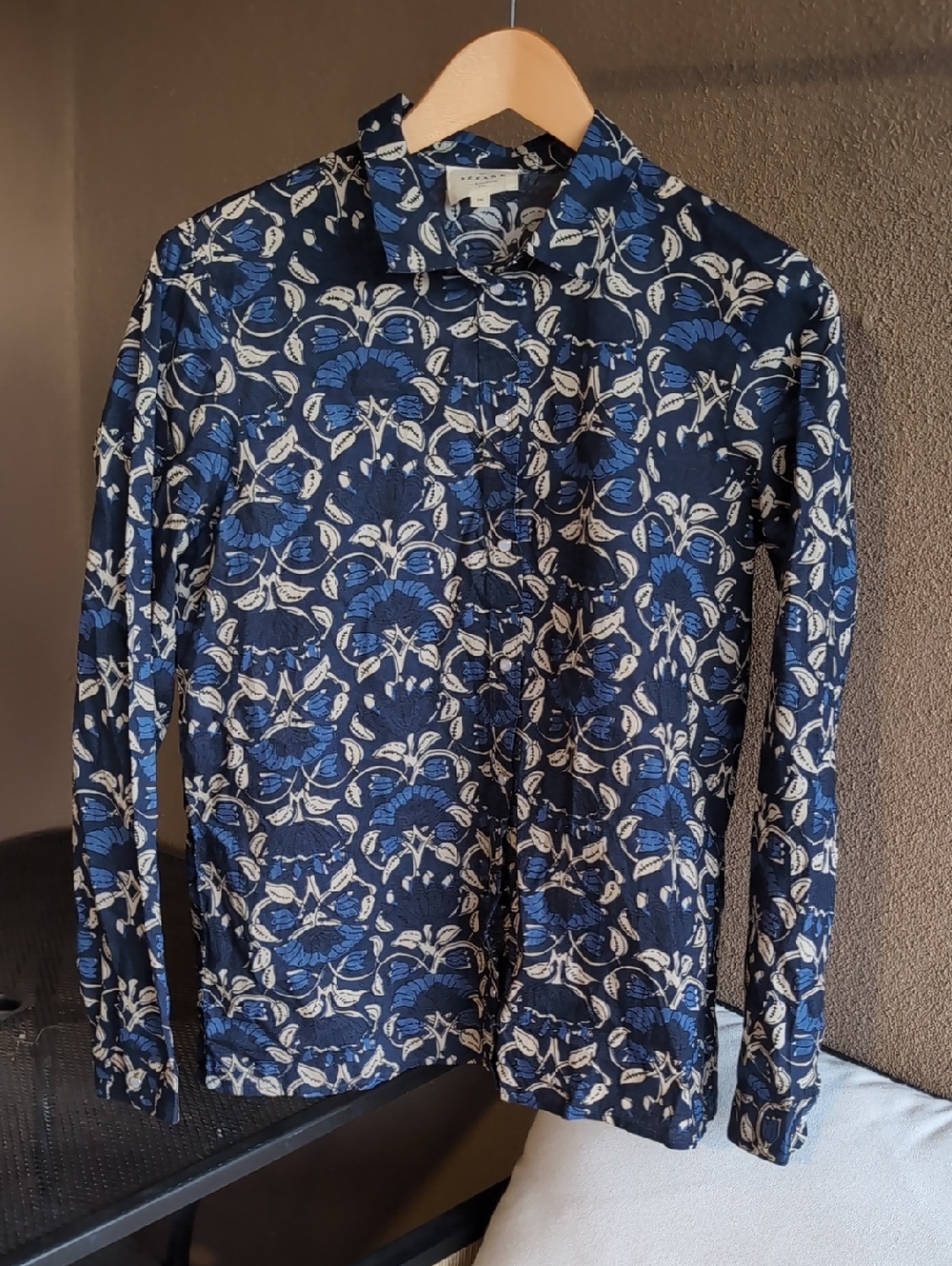 Sézane Navy & Cream Floral Pierro Shirt Santorini Print 100% Cotton - Picture 4 of 7